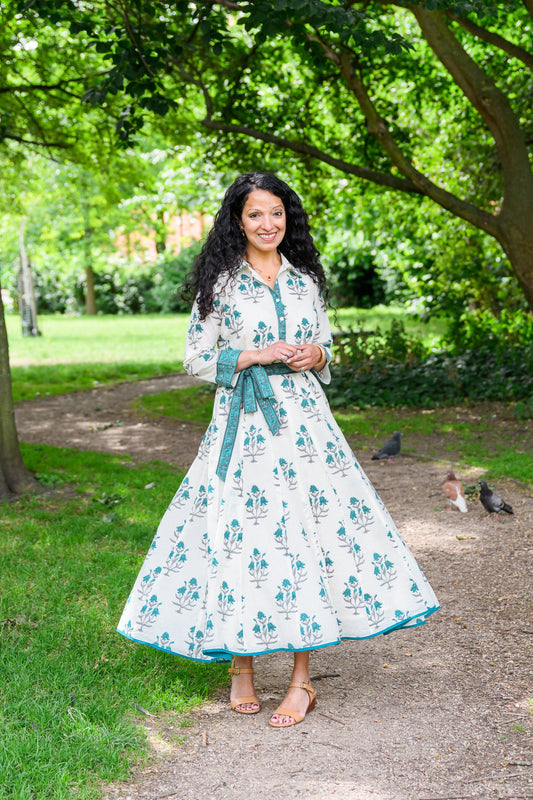 MAYA DRESS - IVORY & PEACOCK BLUE