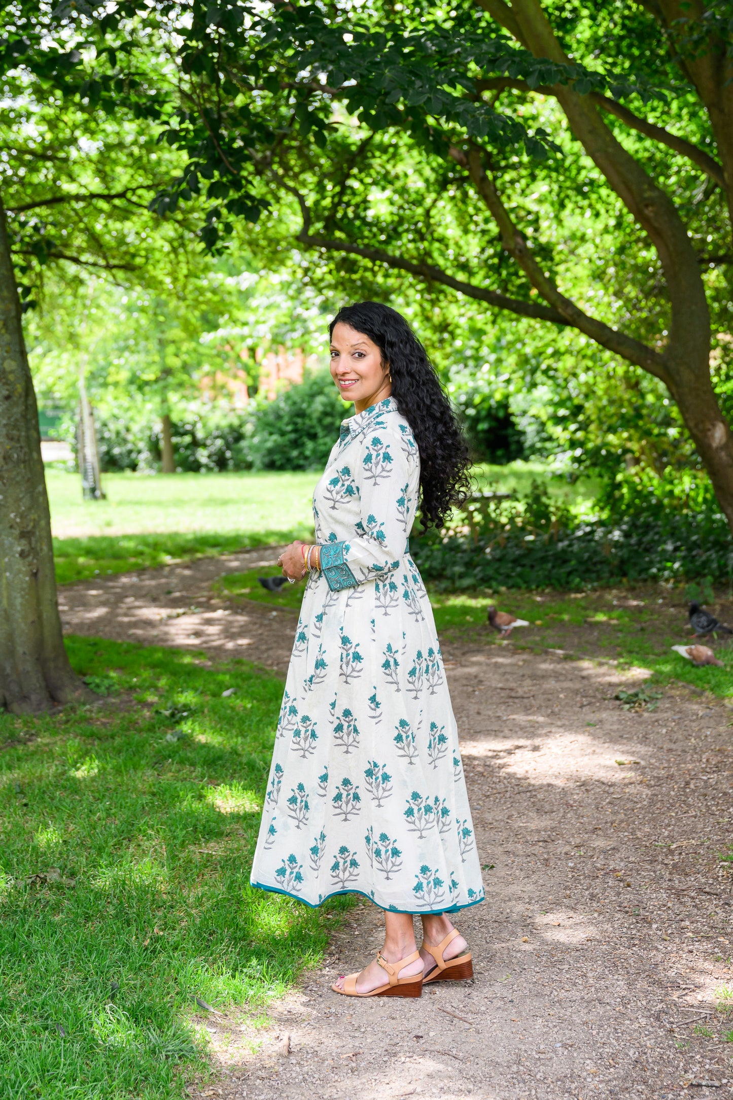 MAYA DRESS - IVORY & PEACOCK BLUE