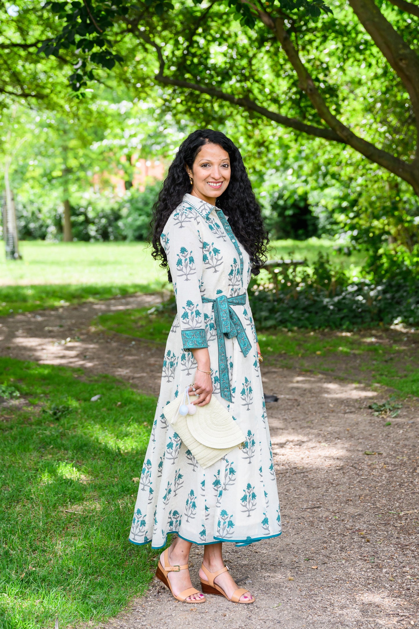 MAYA DRESS - IVORY & PEACOCK BLUE