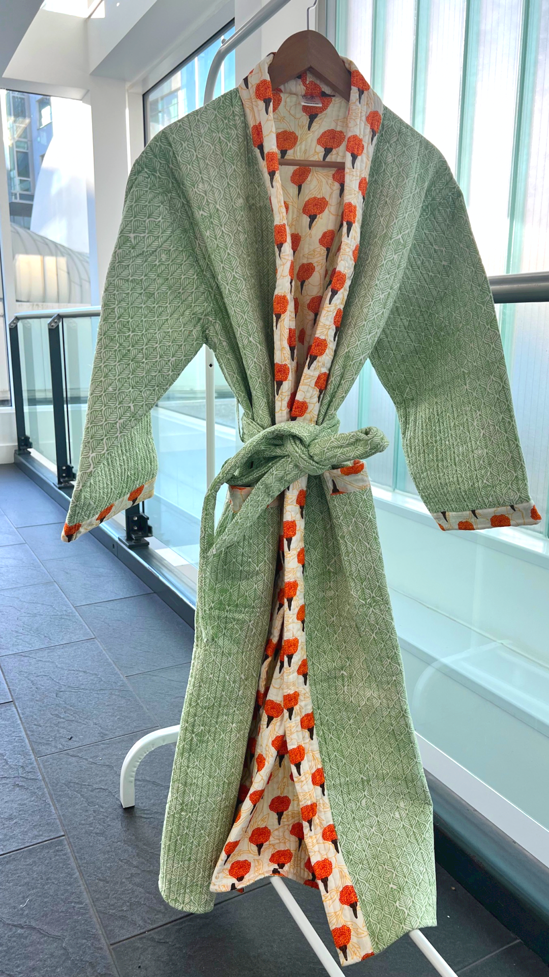 Luxury Quilted Cotton Dressing Gown - Green Leaf
