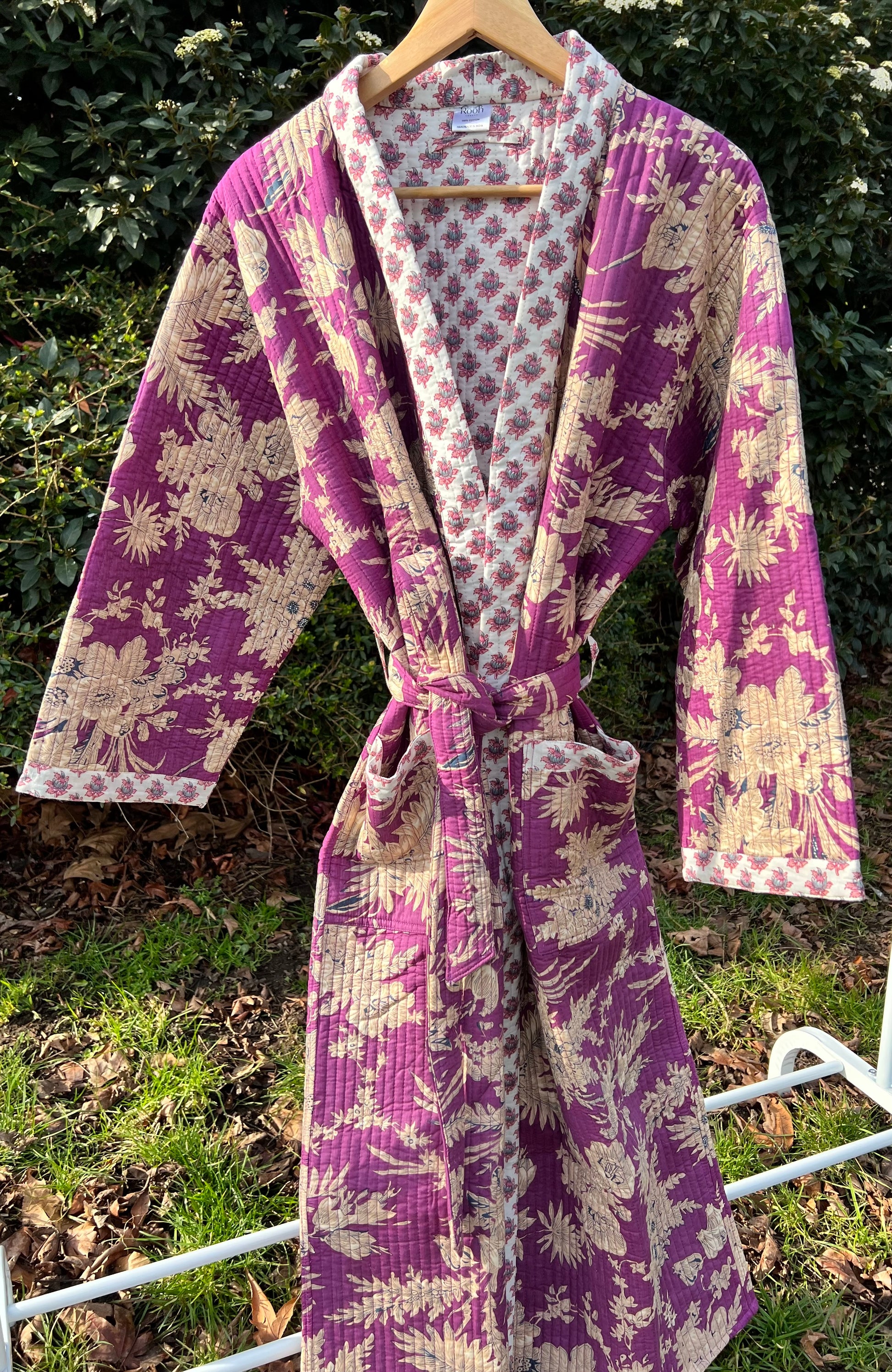 PURPLE FLORAL LUXURY QUILTED COTTON DRESSING GOWN