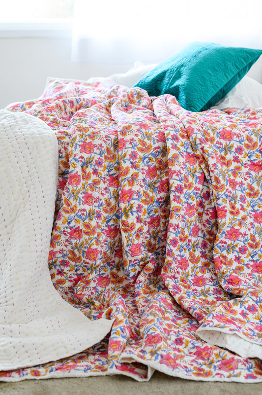 FLORAL VINE BLOCK PRINT KANTHA QUILT