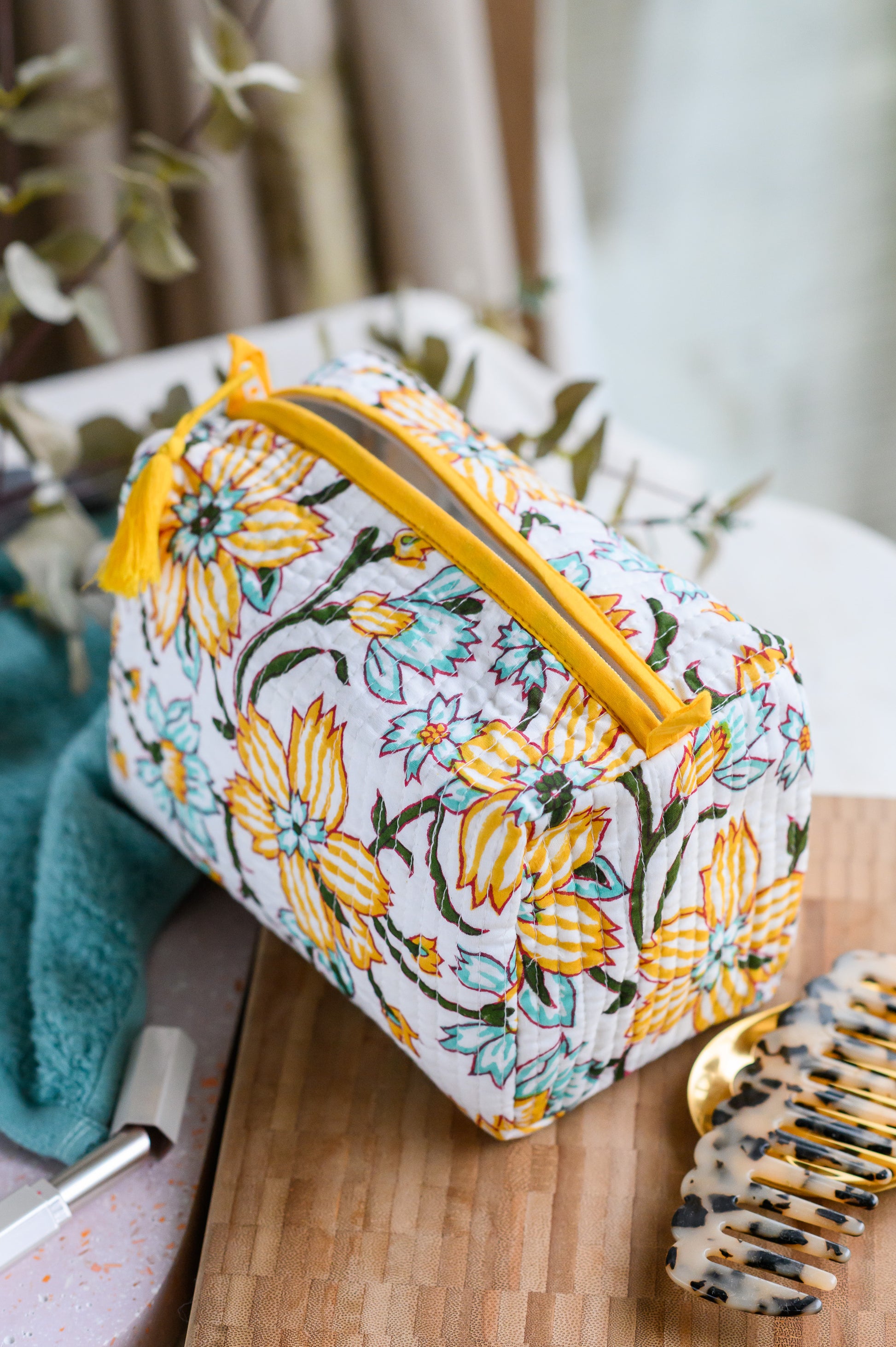 Block Print Quilted Cotton Washbag and Toiletry Bag