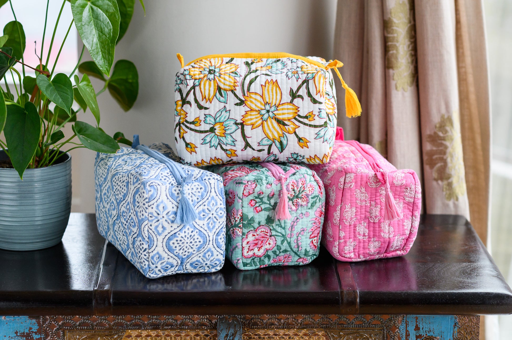 Block Print Quilted Cotton Washbag and Toiletry Bag