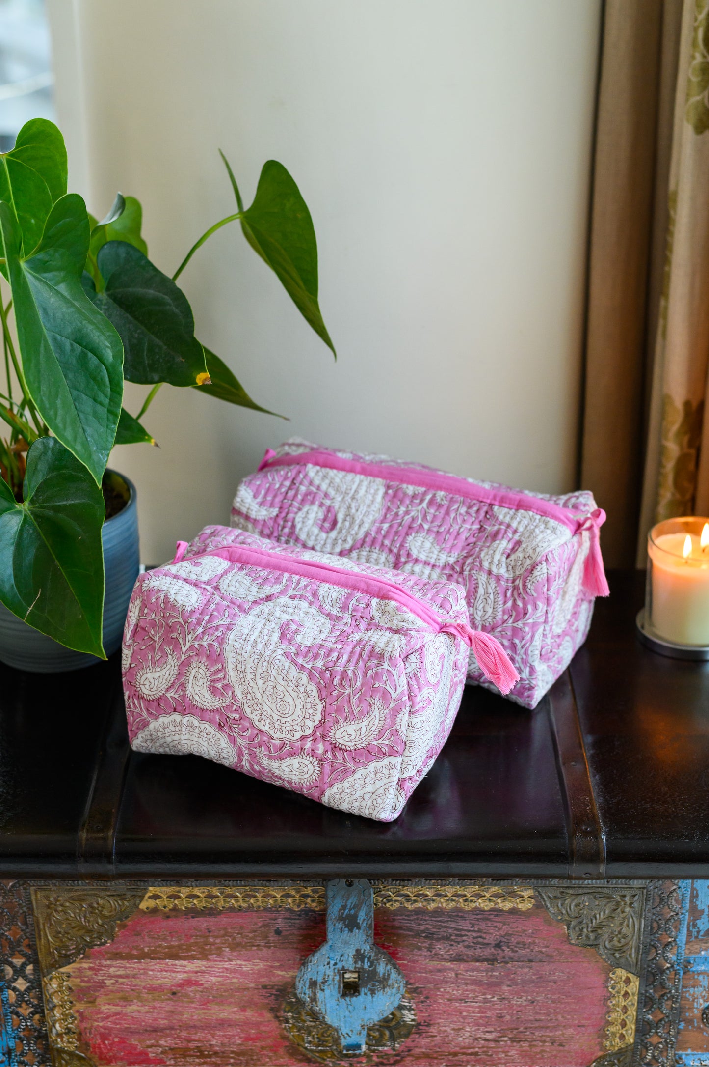 Block Print Quilted Cotton Washbag and Toiletry Bag