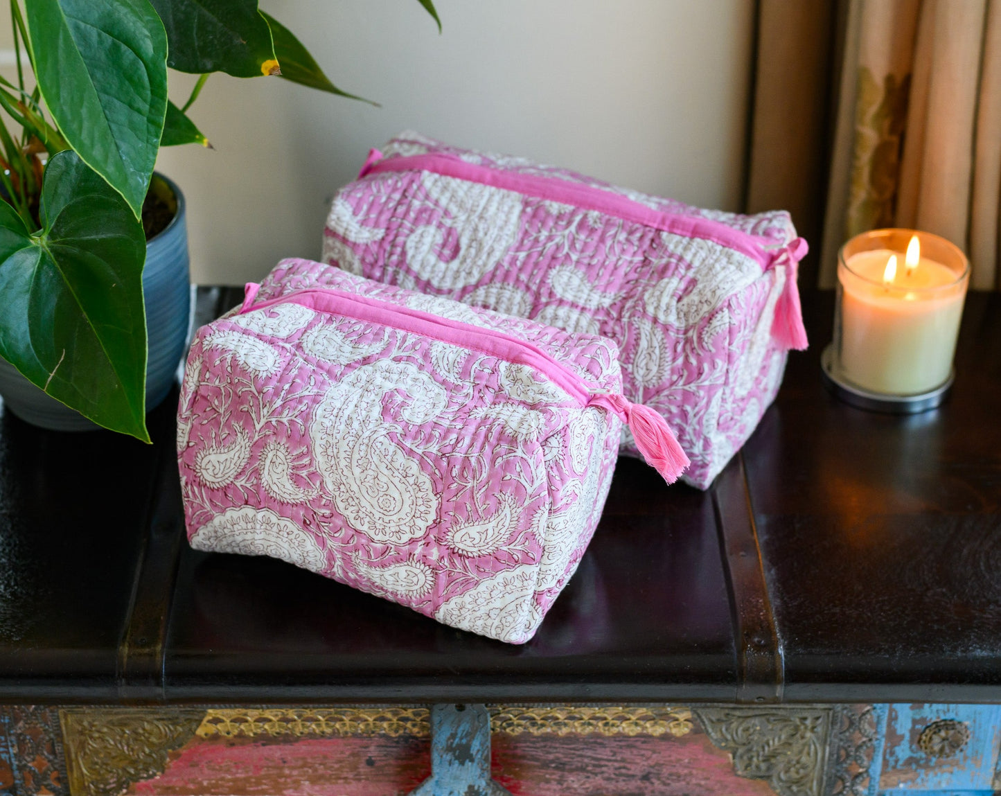 Block Print Quilted Cotton Washbag and Toiletry Bag