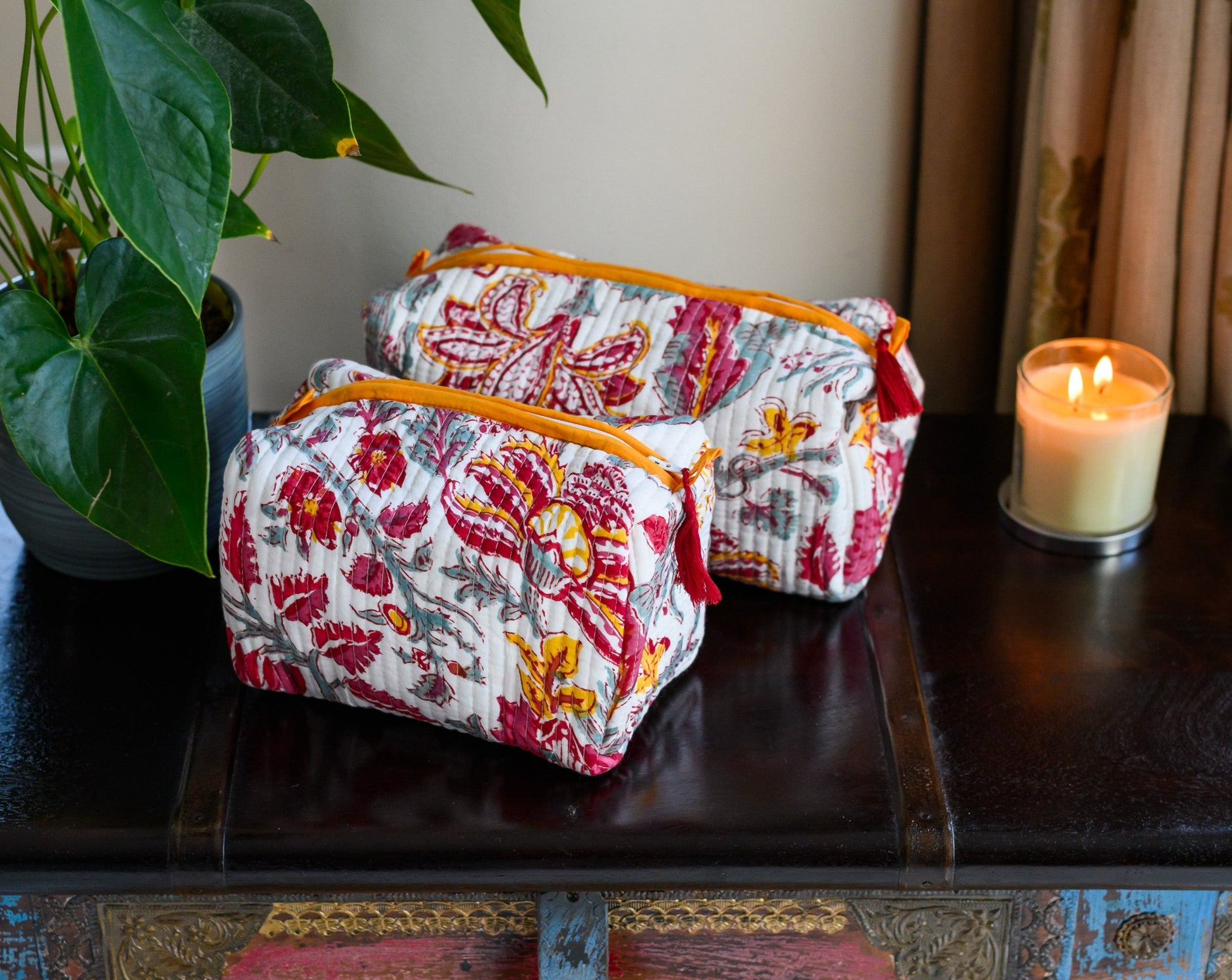 Block Print Quilted Cotton Washbag and Toiletry Bag