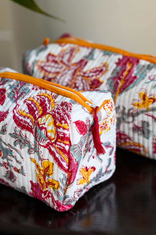QUILTED COTTON BLOCK PRINT WASH BAG - GULMOHAR