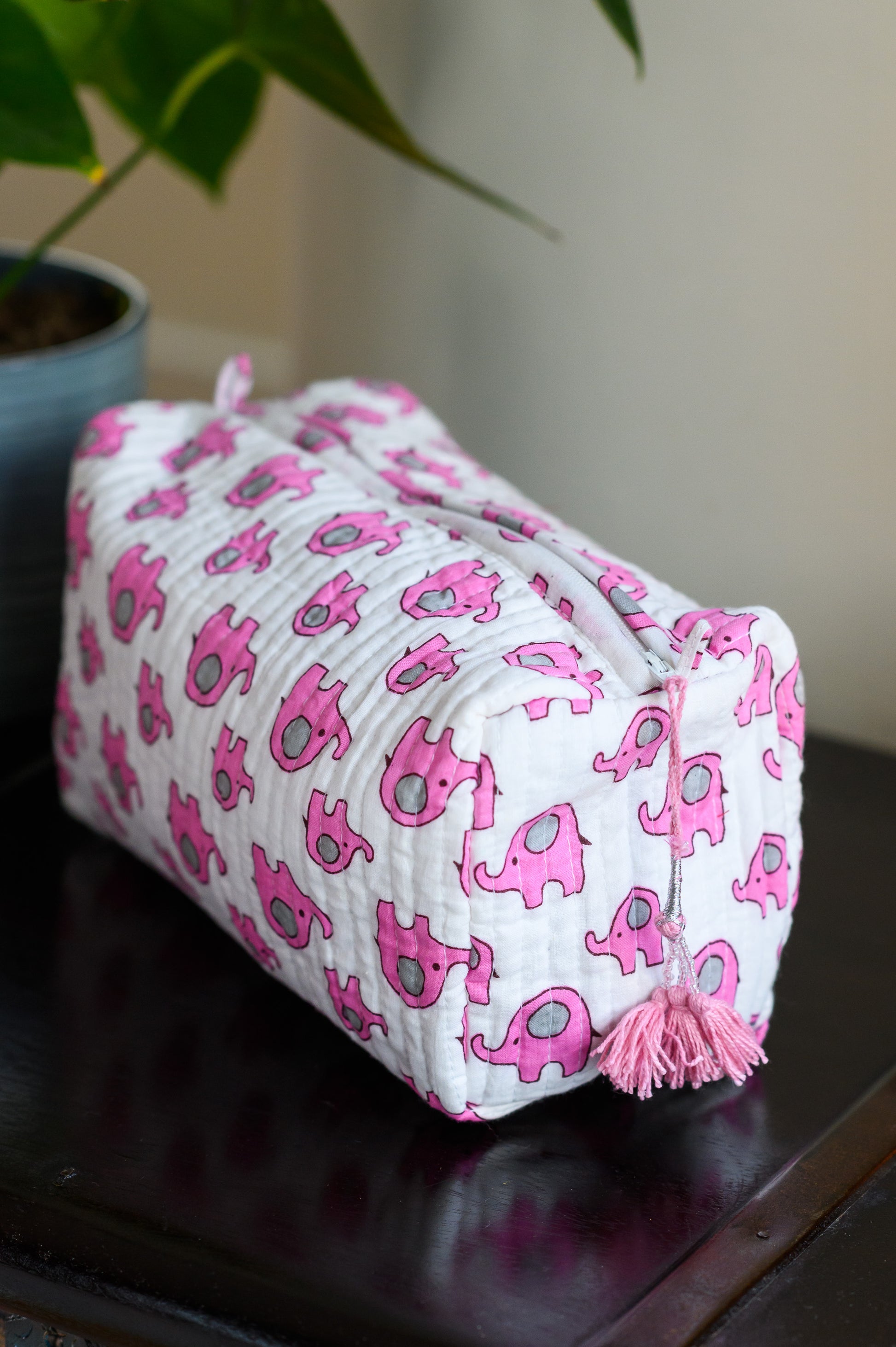BLOCK PRINT QUILTED WASH BAG - MARCHING ELEPHANTS